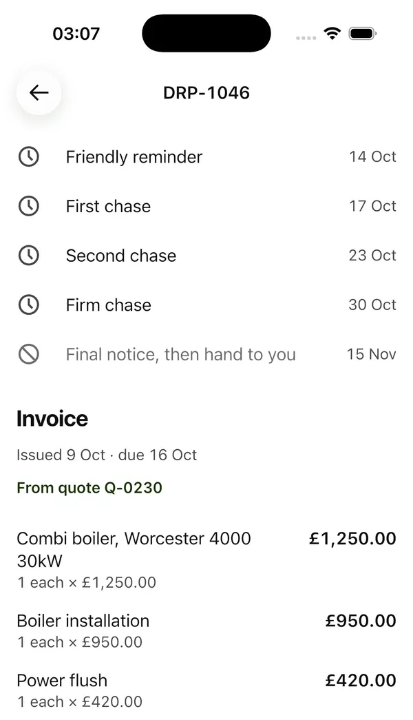 Invoice DRP-1046's reminder schedule: friendly reminder 14 Oct, first chase 17 Oct, second chase 23 Oct, firm chase 30 Oct.