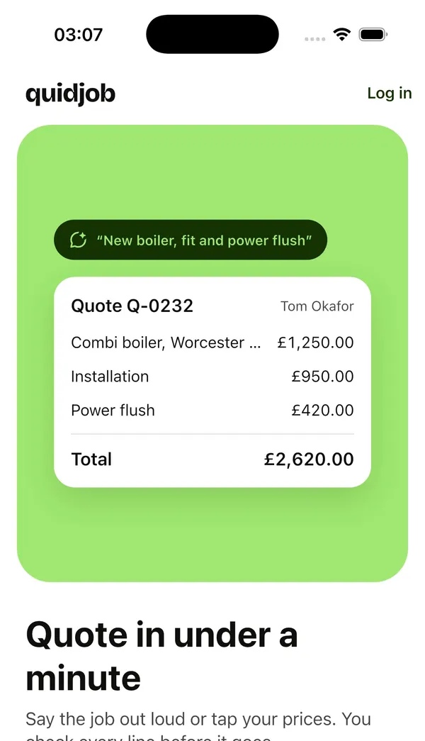 Quidjob turning “New boiler, fit and power flush” into quote Q-0232: combi boiler £1,250, installation £950, power flush £420, total £2,620.